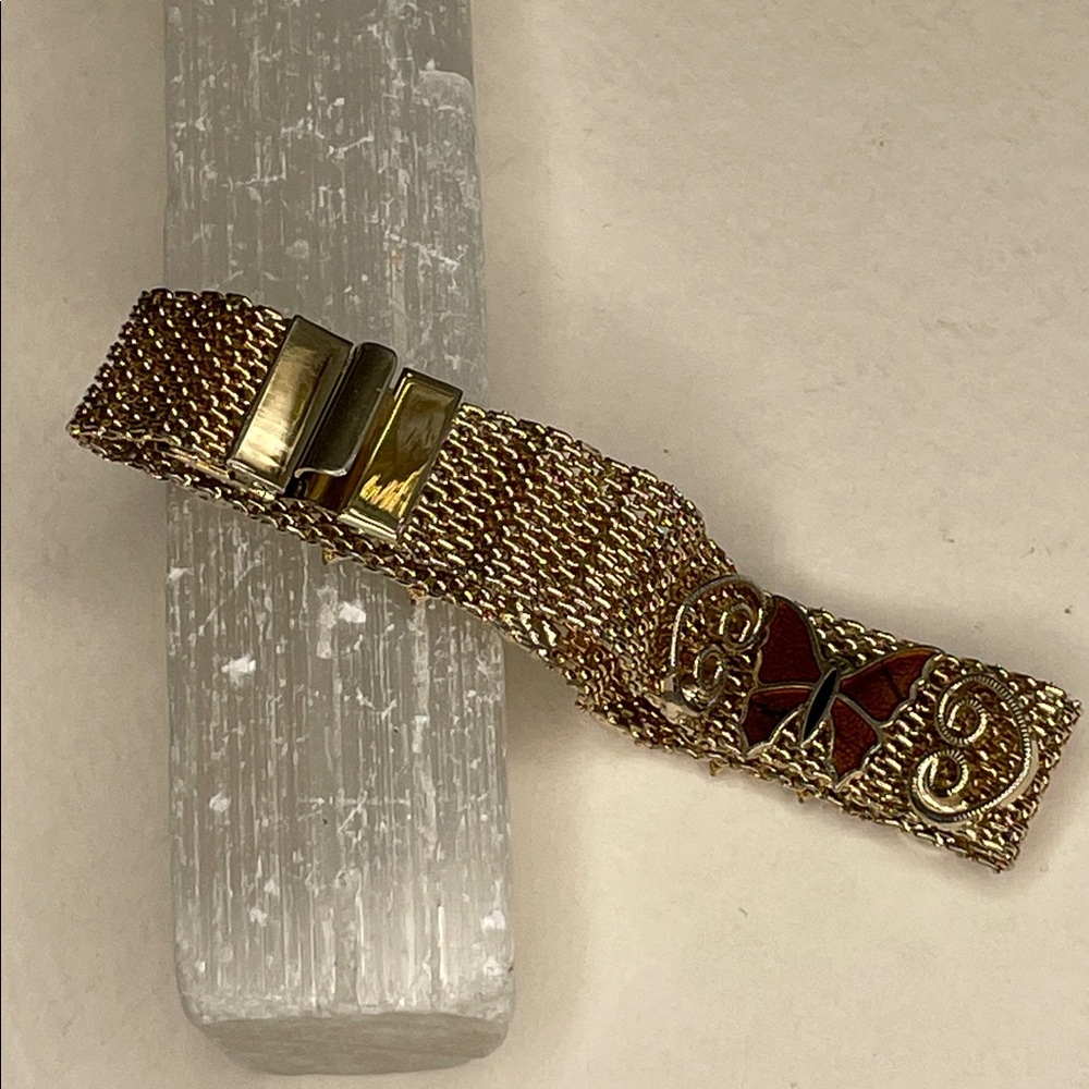 Vintage Paradise Butterfly Mesh 1960's Enamel Butterfly Scroll Hearts Bracelet - Picture 4 of 8